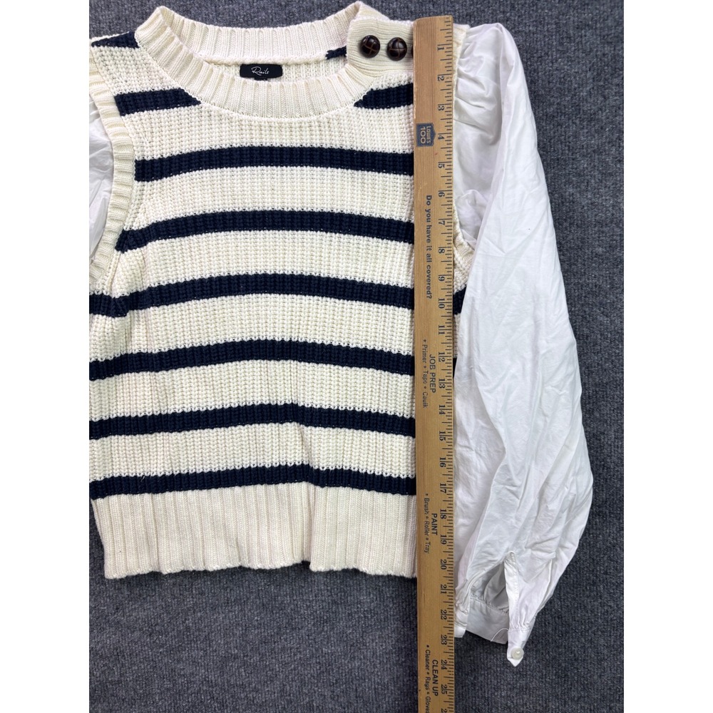 Rails Bambi Mixed Media Sweater Womens Medium Ivory Navy Stripe Puff Sleeve - Picture 3 of 7